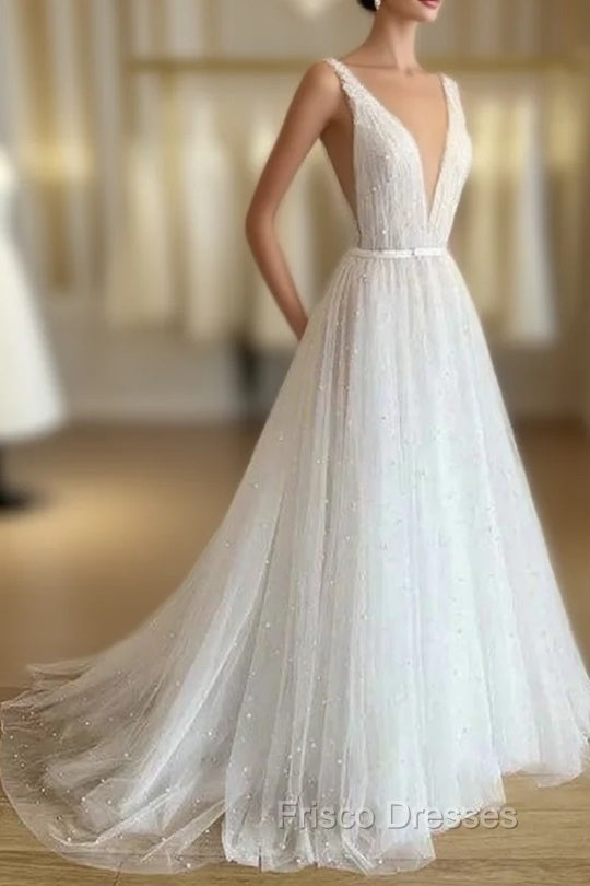 A Line Sexy V neck Pearls Elegant Wedding Dress Main image