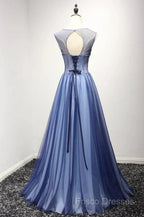 A Line Sheer Neck Rhinestones Long Tulle Formal Prom Dress Floor Length Beautiful