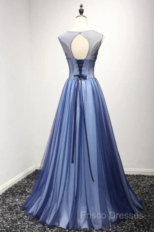 A Line Sheer Neck Rhinestones Long Tulle Formal Prom Dress Floor Length Beautiful