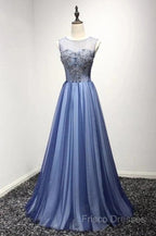 A Line Sheer Neck Rhinestones Long Tulle Formal Prom Dress Floor Length Beautiful