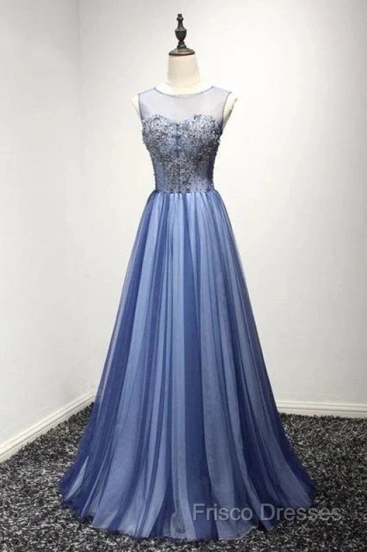 A Line Sheer Neck Rhinestones Long Tulle Formal Prom Dress Floor Length Beautiful