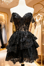 A-Line Short Black Formal Prom Dress Sheer Corset Bodice Homecoming Dress