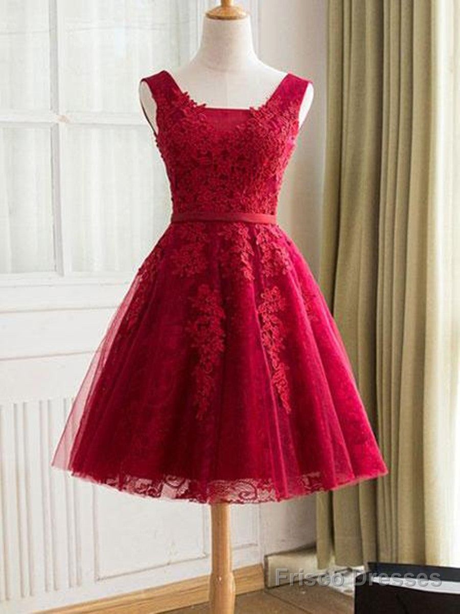 A Line Short Burgundy Lace Prom Dress, Lace Graduation Dress, Homecoming Dresses, Burgundy Bridesmaid Dresses