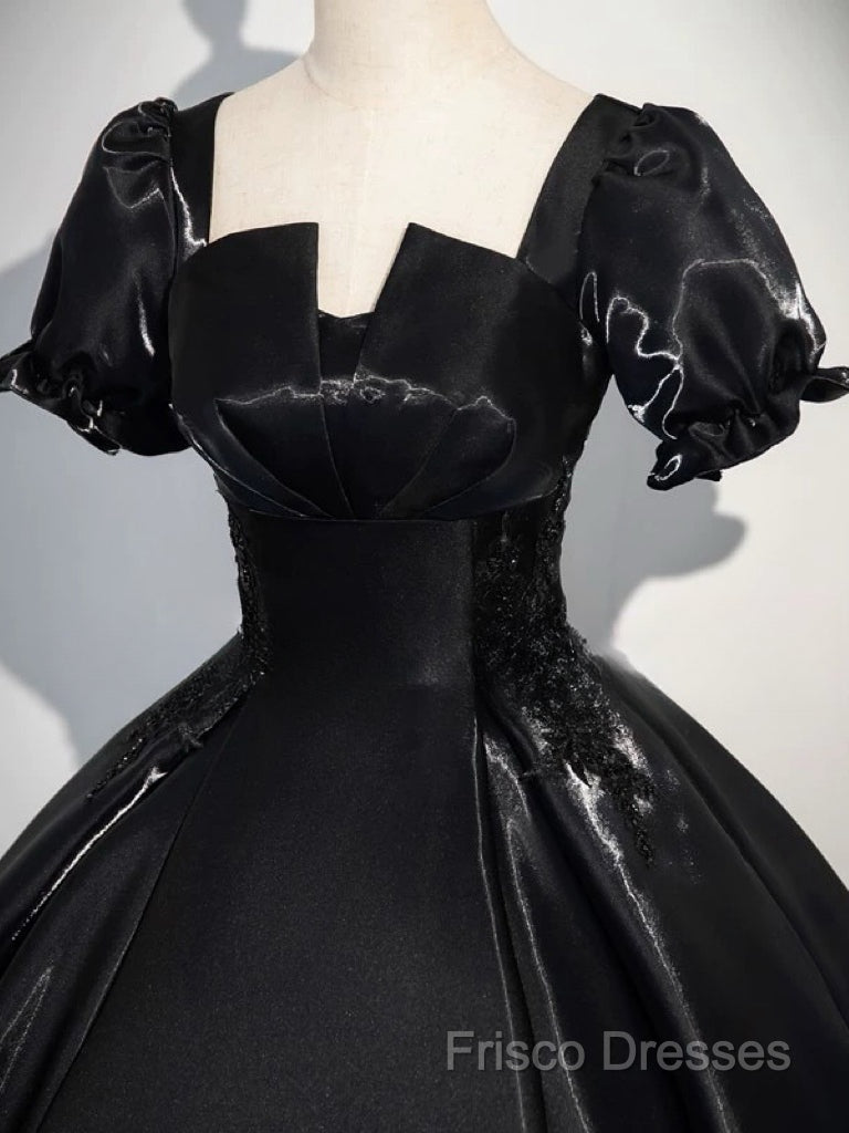 A-Line Short Sleeve Black Satin Long Formal Prom Dress, Black Long Formal Dress