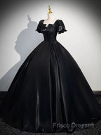 A-Line Short Sleeve Black Satin Long Formal Prom Dress, Black Long Formal Dress