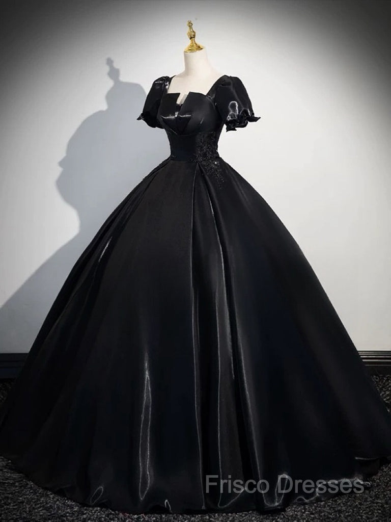 A-Line Short Sleeve Black Satin Long Formal Prom Dress, Black Long Formal Dress