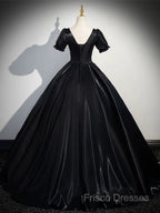 A-Line Short Sleeve Black Satin Long Formal Prom Dress, Black Long Formal Dress