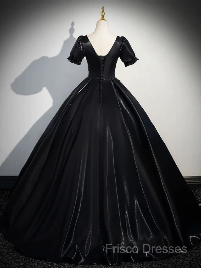 A-Line Short Sleeve Black Satin Long Formal Prom Dress, Black Long Formal Dress