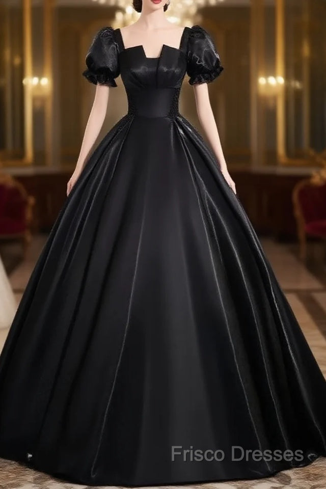 A-Line Short Sleeve Black Satin Long Formal Prom Dress, Black Long Formal Dress Main image
