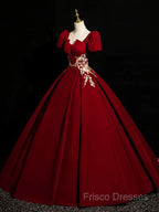 A-Line Short Sleeve Satin Lace Applique Burgundy Long Formal Prom Dress