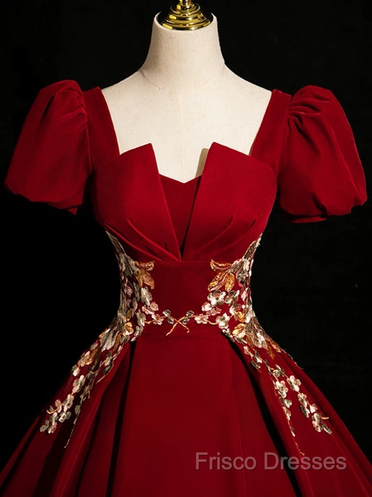 A-Line Short Sleeve Satin Lace Applique Burgundy Long Formal Prom Dress