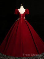 A-Line Short Sleeve Satin Lace Applique Burgundy Long Formal Prom Dress