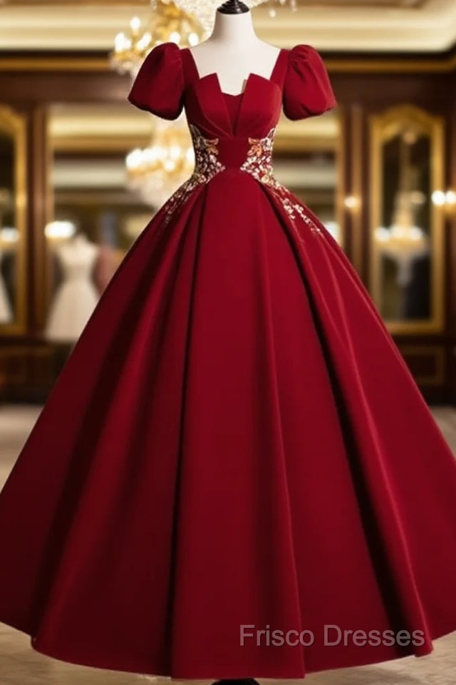 A-Line Short Sleeve Satin Lace Applique Burgundy Long Formal Prom Dress Main image