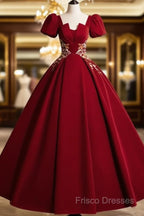 A-Line Short Sleeve Satin Lace Applique Burgundy Long Formal Prom Dress