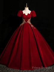 A-Line Short Sleeve Satin Lace Applique Burgundy Long Prom Dress