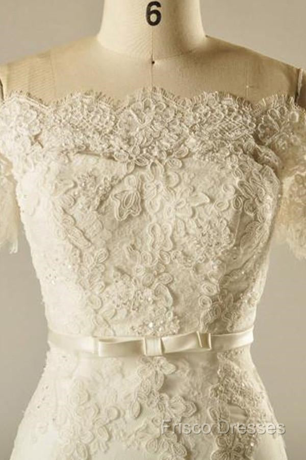 A-Line Short Sleeve Waist Lace Wedding Dress With Appliques Beading