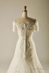 A-Line Short Sleeve Waist Lace Wedding Dress With Appliques Beading