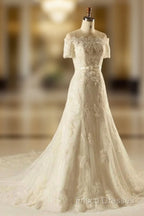 A-Line Short Sleeve Waist Lace Wedding Dress With Appliques Beading