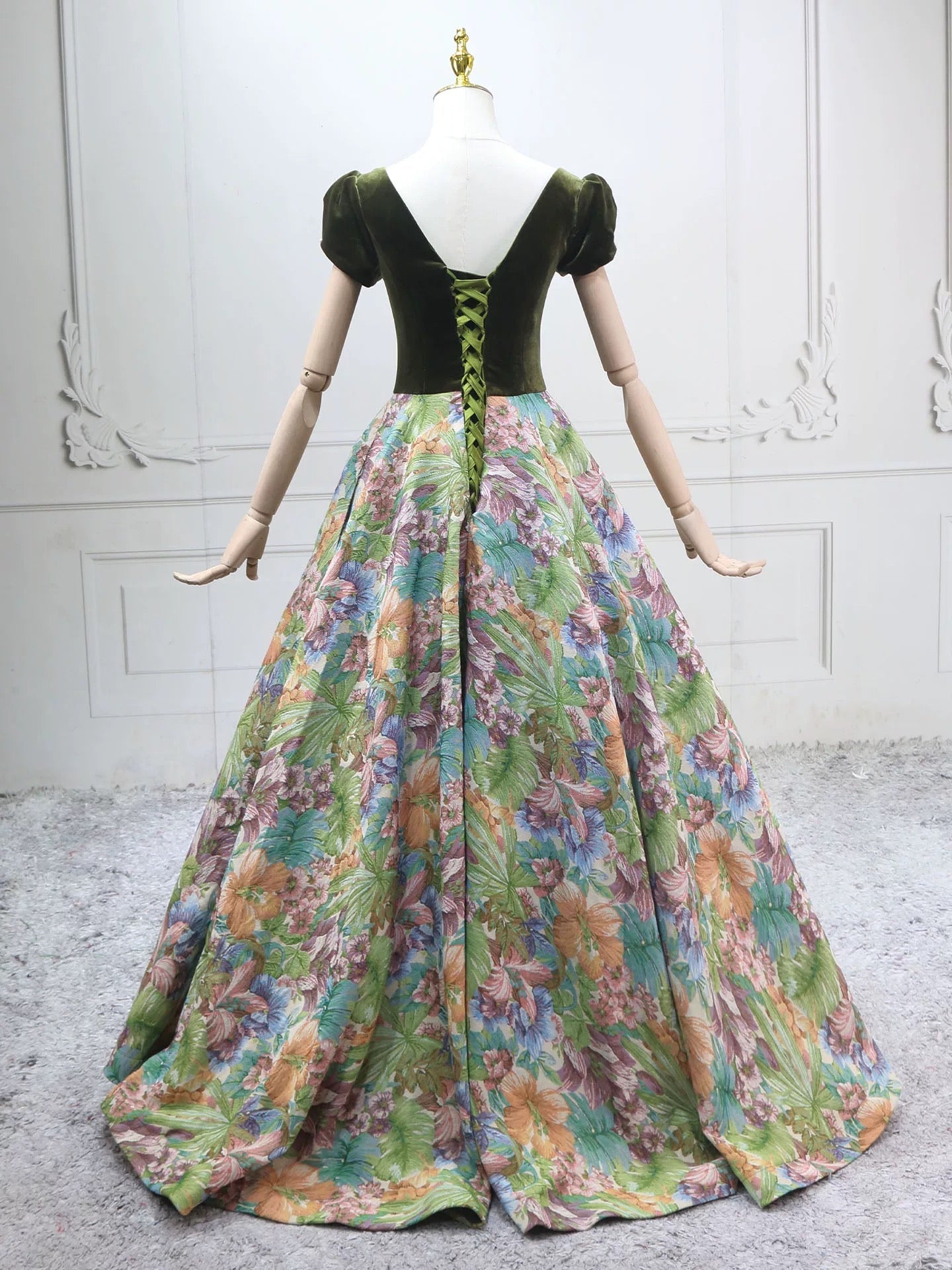 A-Line Short Sleeves Green Long Prom Dress, Printed Satin Green Long Evening Dress