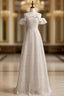 A-Line Silver Sequins Bateau Neck Long Formal Prom Dress