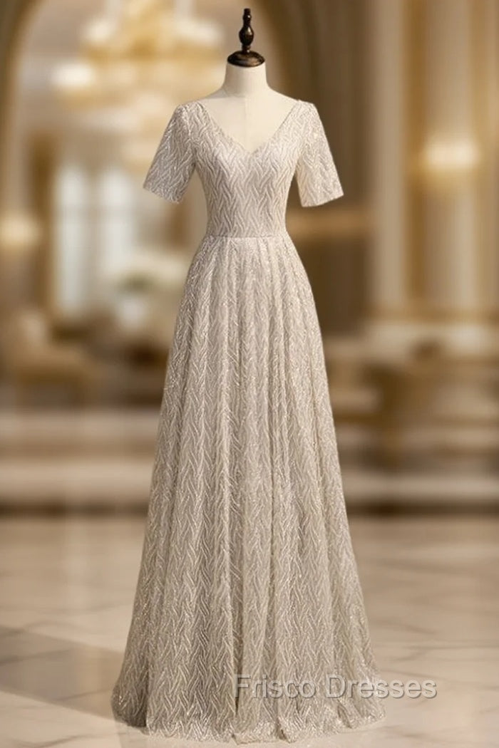 A-Line Silver Sequins V-neck Short Sleeve Formal Prom Dress