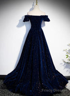 A-Line Simple Navy Blue Velvet Off Shoulder Prom Dress, Navy Blue Evening Dress