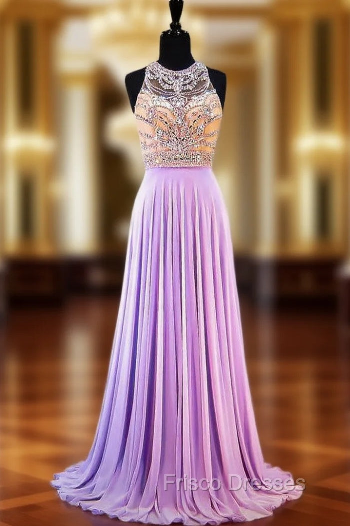 A-line Sleeveless Beaded Crystals Backless Lilac Chiffon Formal Prom Dress