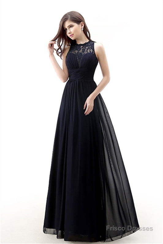 A Line Sleeveless Lace Chiffon Long Black Prom Dresses Secondary image
