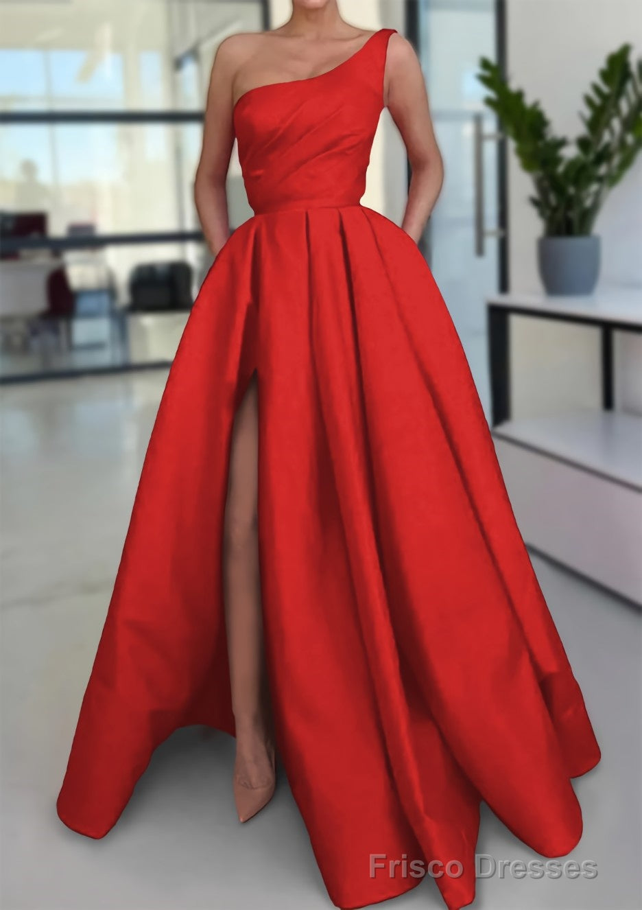 A-line Sleeveless One-Shoulder Long/Floor-Length Satin Prom Dresses With Split Ruffles Pockets