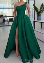 A-line Sleeveless One-Shoulder Long/Floor-Length Satin Prom Dresses With Split Ruffles Pockets