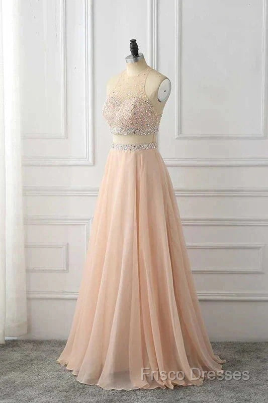 A Line Sleeveless Rhinestone Chiffon Long Formal Prom Dress Floor Length Sparkly