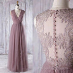 A-Line Sleeveless Tulle Sheath V Neck Tulle Lace Bridesmaid Dress