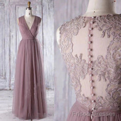 A-Line Sleeveless Tulle Sheath V Neck Tulle Lace Bridesmaid Dresses