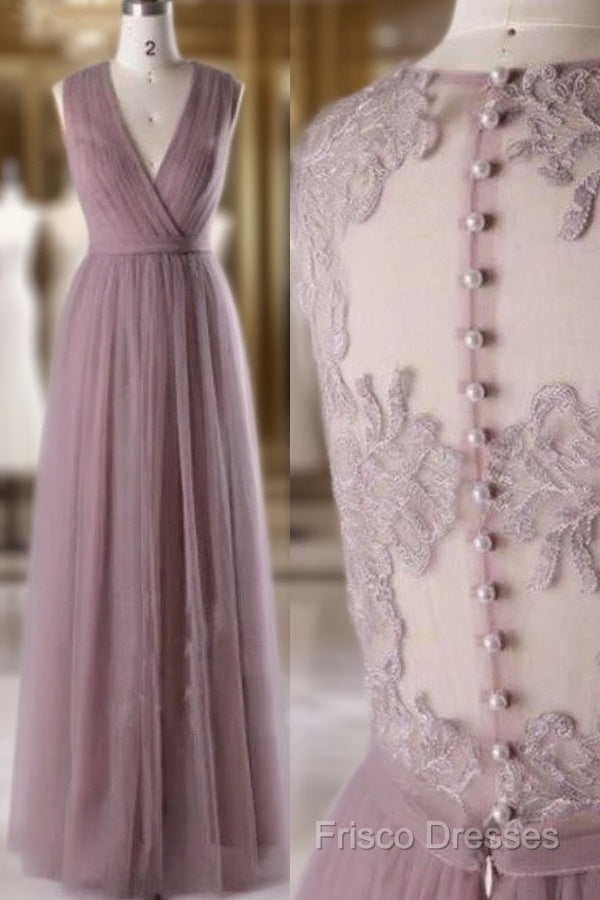 A-Line Sleeveless Tulle Sheath V Neck Tulle Lace Bridesmaid Dress Main image
