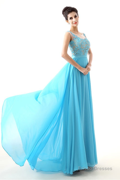A-line Sleeves Chiffon Lace Backless Long Prom Dresses