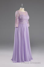 Lilac A-Line 3/4 Sleeves Scoop Lace Formal Prom Dress