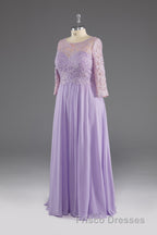 Lilac A-Line 3/4 Sleeves Scoop Lace Formal Prom Dress