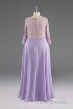 Lilac A-Line 3/4 Sleeves Scoop Lace Formal Prom Dress