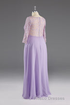 Lilac A-Line 3/4 Sleeves Scoop Lace Formal Prom Dress