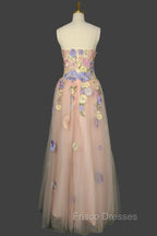 A Line Spaghetti Corset Formal Prom Dress With 3D Flowers Evening Dress