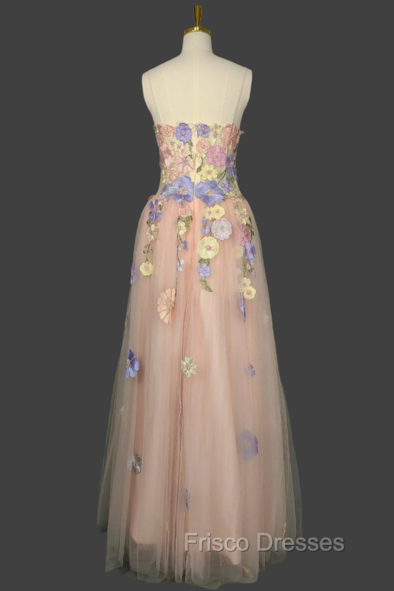 A Line Spaghetti Corset Formal Prom Dress With 3D Flowers Evening Dress