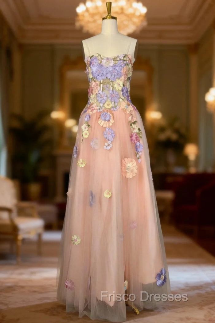 A Line Spaghetti Corset Formal Prom Dress With 3D Flowers Evening Dress Main image