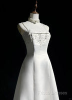 A-Line Spaghetti Strap Beaded Satin Long Formal Prom Dress White Wedding Dress Graduation Formal Prom Dress