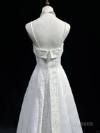 A-Line Spaghetti Strap Beaded Satin Long Formal Prom Dress White Wedding Dress Graduation Formal Prom Dress