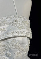 A-Line Spaghetti Strap Beaded Satin Long Formal Prom Dress White Wedding Dress Graduation Formal Prom Dress