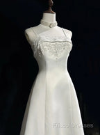 A-Line Spaghetti Strap Beaded Satin Long Formal Prom Dress White Wedding Dress Graduation Formal Prom Dress