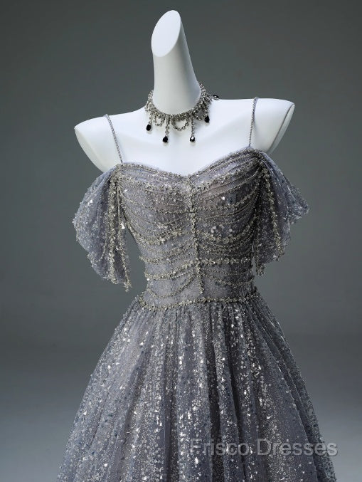 A-Line Spaghetti Strap Mesh Sequin Long Formal Prom Dress Graduation Formal Prom Adult Ceremony Dress Secondary image