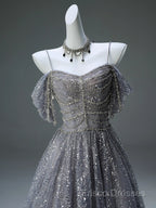 A-Line Spaghetti Strap Mesh Sequin Long Formal Prom Dress Graduation Formal Prom Adult Ceremony Dress