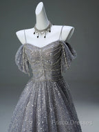 A-Line Spaghetti Strap Mesh Sequin Long Formal Prom Dress Graduation Formal Prom Adult Ceremony Dress