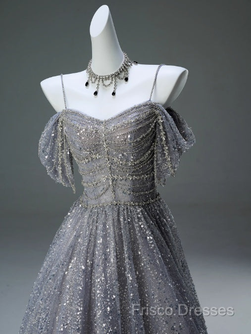 A-Line Spaghetti Strap Mesh Sequin Long Formal Prom Dress Graduation Formal Prom Adult Ceremony Dress